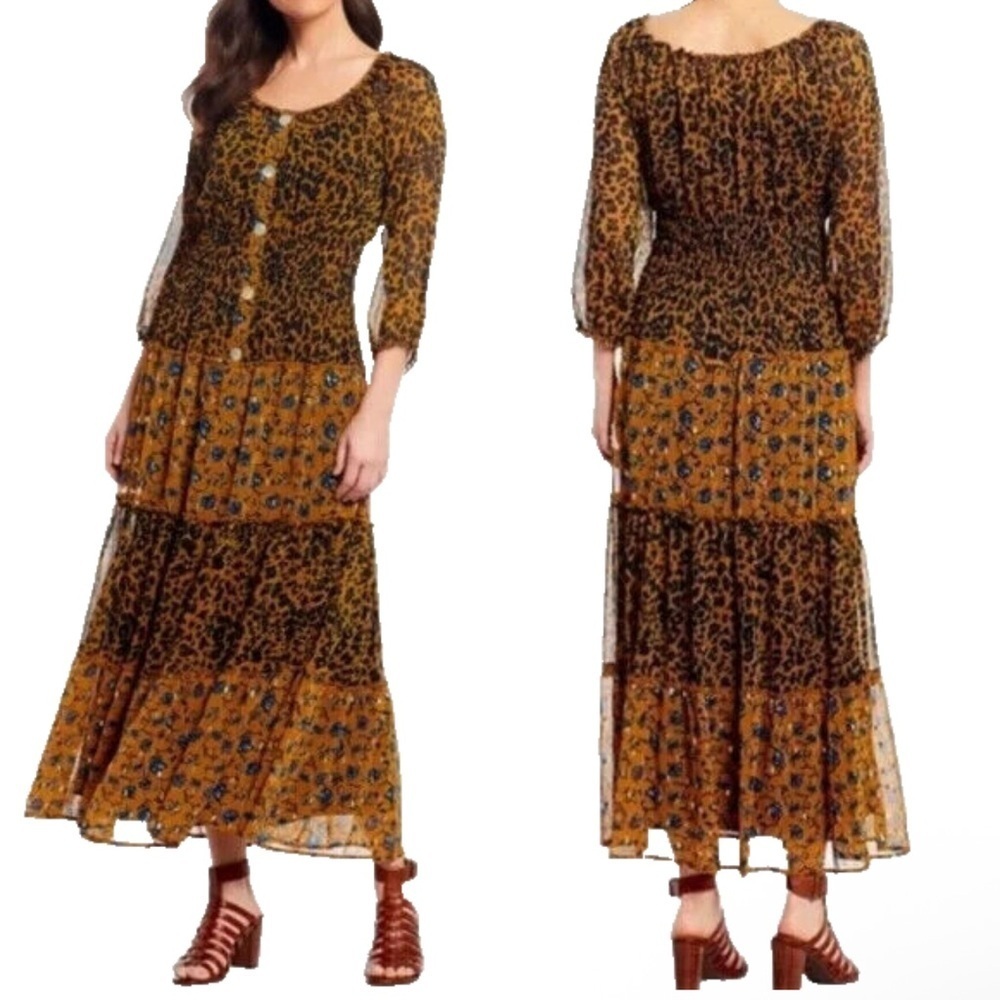 Sheer Fig & Flower @ Anthropologie Women S Cottagecore Dress Smocked Tiered Leop